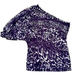 ❤️ 🆕 BEBE Mesh Knit Leopard Print Asymmetrical Neckline Puffy Sleeve Top Size M